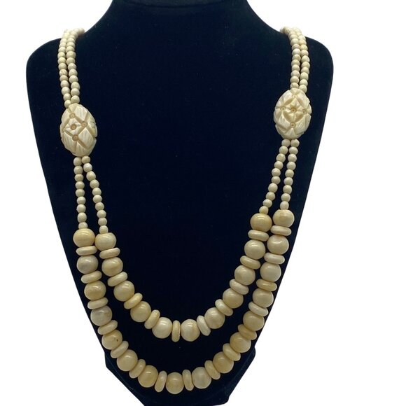 Vtg Double-Strand Cream Off White Beaded Necklace w/ Floral Carved Accents 30” L - Picture 1 of 9